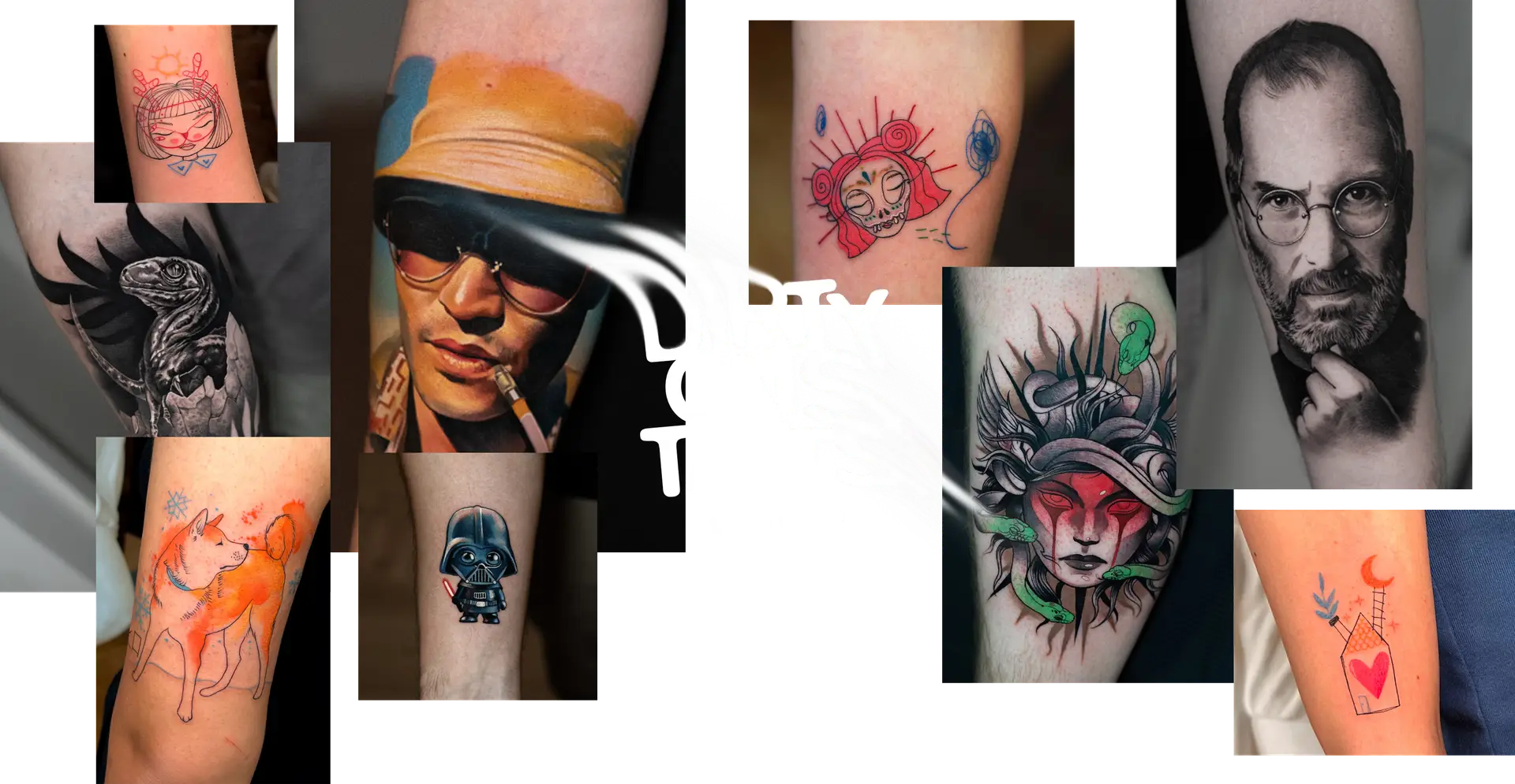 Collage of various tattoos created by Dirty Cats Tatts in London, featuring designs in different styles, including realistic portraits, colorful cartoons, and vibrant abstract art, with the studio’s logo in the center.